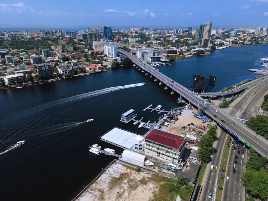 Aerial view of Lagos lagoon, bridges and the city skyline